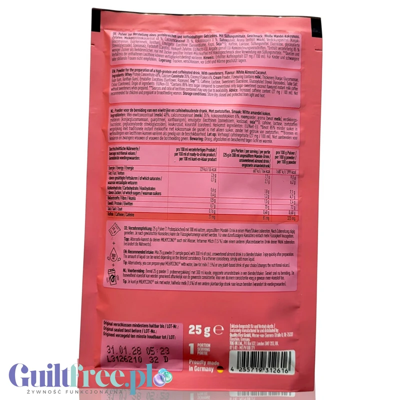 More Nutrition Protein Milkyccino White Almond Coconut, saszetka 25g - gęsta odżywka białkowa migdałowo-kokosowa z kofeiną