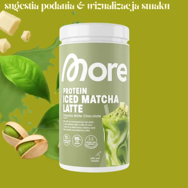 More Nutrition Protein Iced Matcha Latte Pistachio White Chocolate 500g - proteinowa zielona herbata matcha bez cukru 17g białka