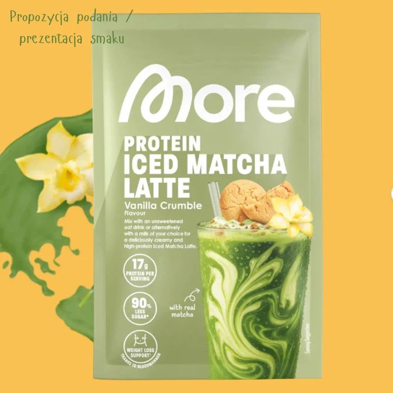 More Nutrition Protein Iced Matcha Latte Vanilla Crumble saszetka 25g - proteinowa zielona herbata matcha bez cukru 17g białka