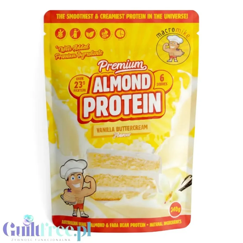 Macro Mike Almond Plant Protein, Vanilla Buttercream, 240g - wegańska migdałowa odżywka białkowa bez glutenu, mleka i sukralozy