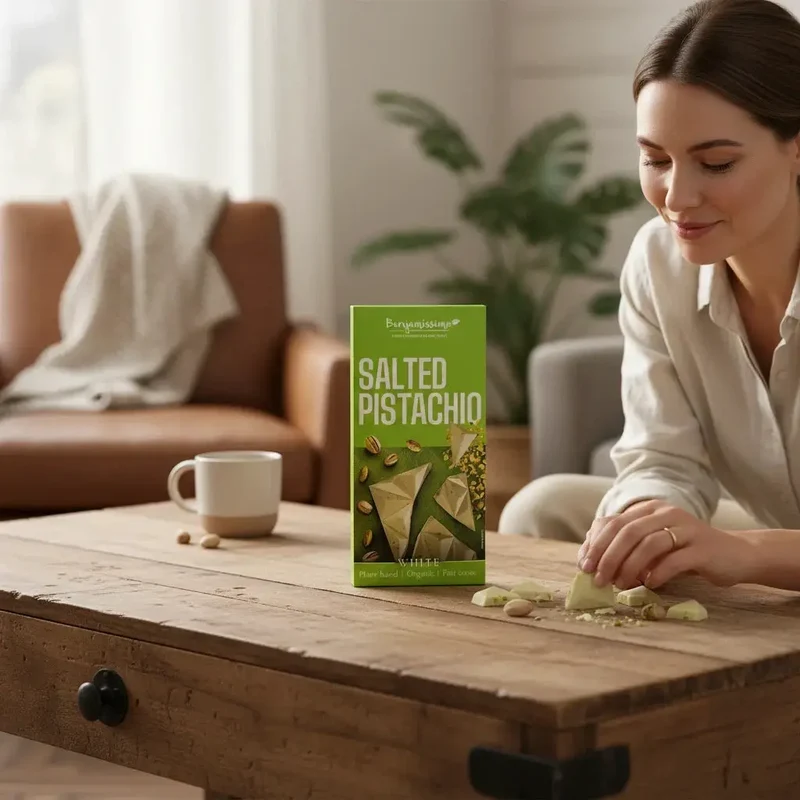 Benjamissimo Salted Pistachio – bio wegańska biała tabliczka kakaowa z pistacjami i solą himalajską