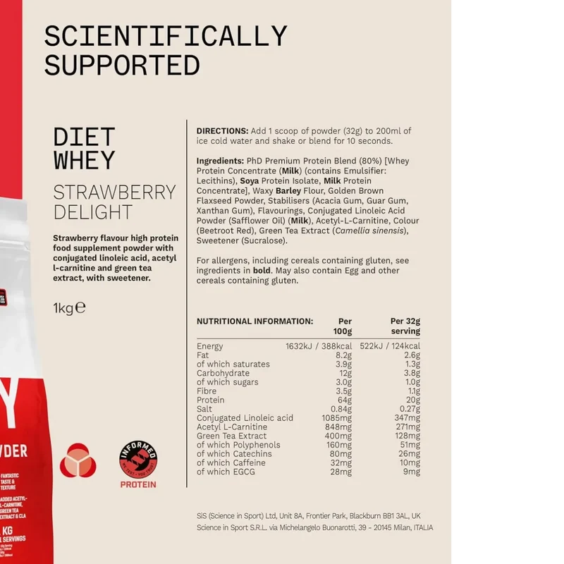 PhD Diet Whey Lean Protein Strawberry Delight 1kg - odżywka białkowa z L-karnityną, CLA i ekstraktem zielonej herbaty