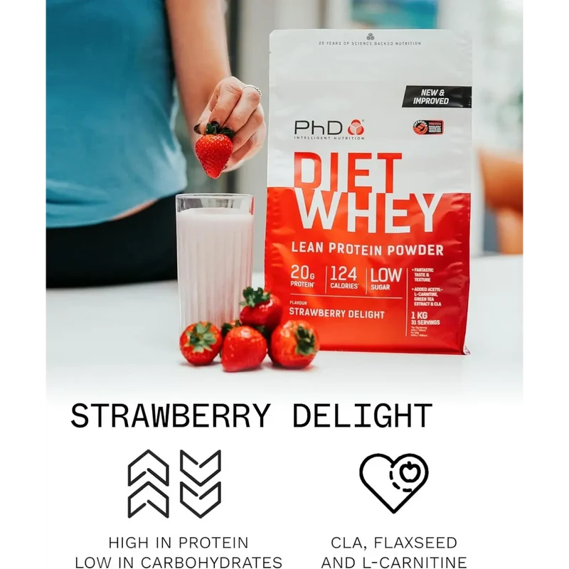 PhD Diet Whey Lean Protein Strawberry Delight 1kg - odżywka białkowa z L-karnityną, CLA i ekstraktem zielonej herbaty