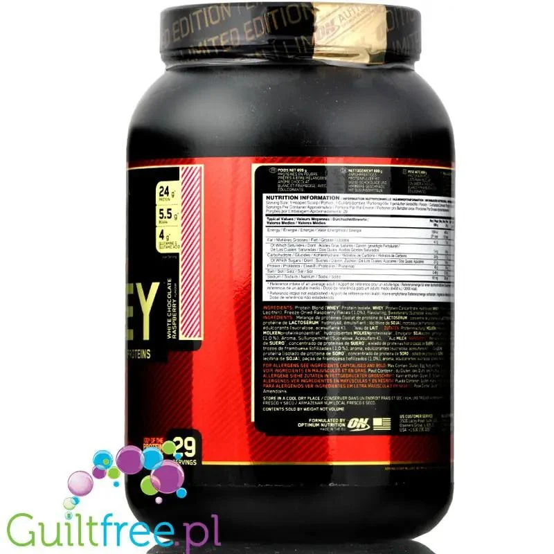 Optimum Nutrition, Whey Gold Standard 100% White Chocolate Raspberry 0,9KG