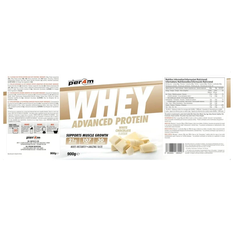 Per4m Whey Advanced Protein White Chocolate 900g - gęsta odżywka białkowa WPC, WPI & MPC, Biała Czekolada
