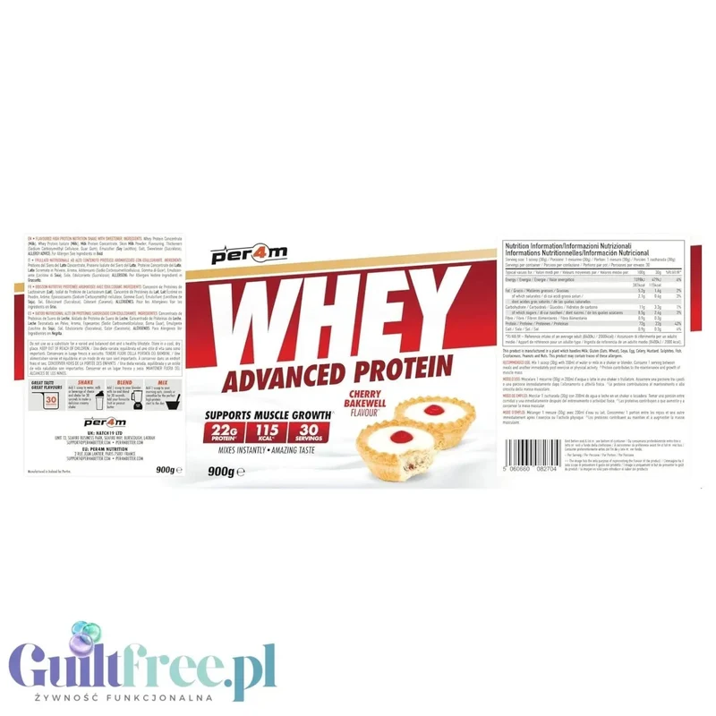 Per4m Whey Advanced Protein Cherry Bakewell 900g - gęsta odżywka białkowa WPC, WPI & MPC, smak Placek z Wiśniami