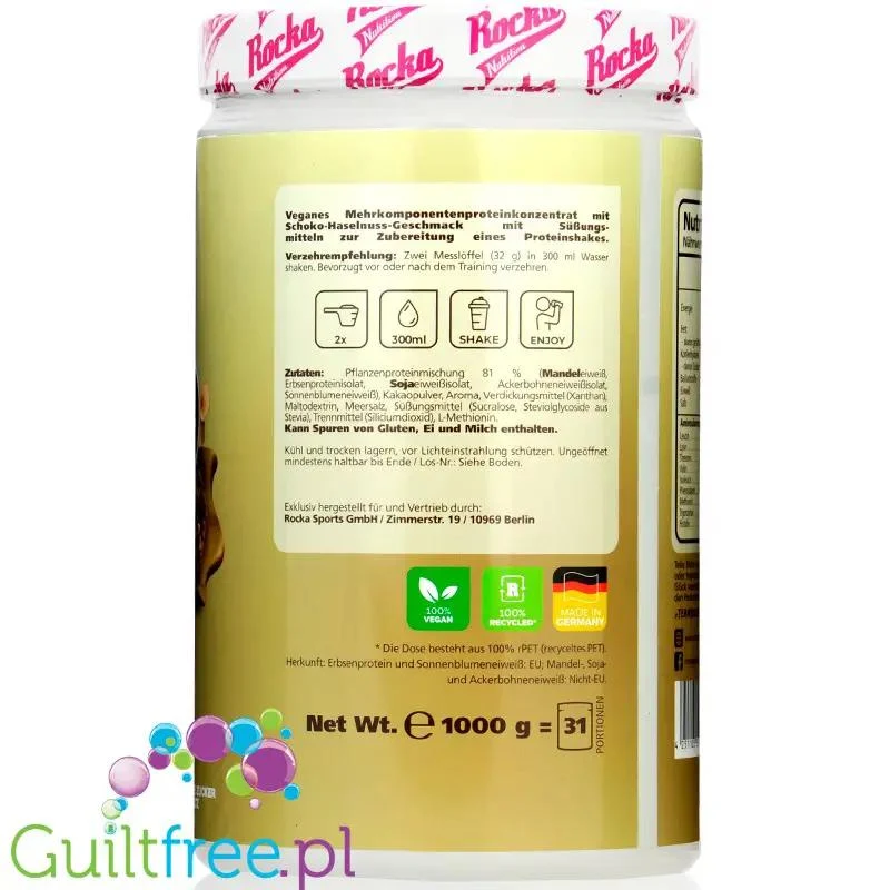 Rocka Nutrition Protein Shake Creamy Nougat 0,9kg - wegańska odżywka białkowa 4 źródeł białka