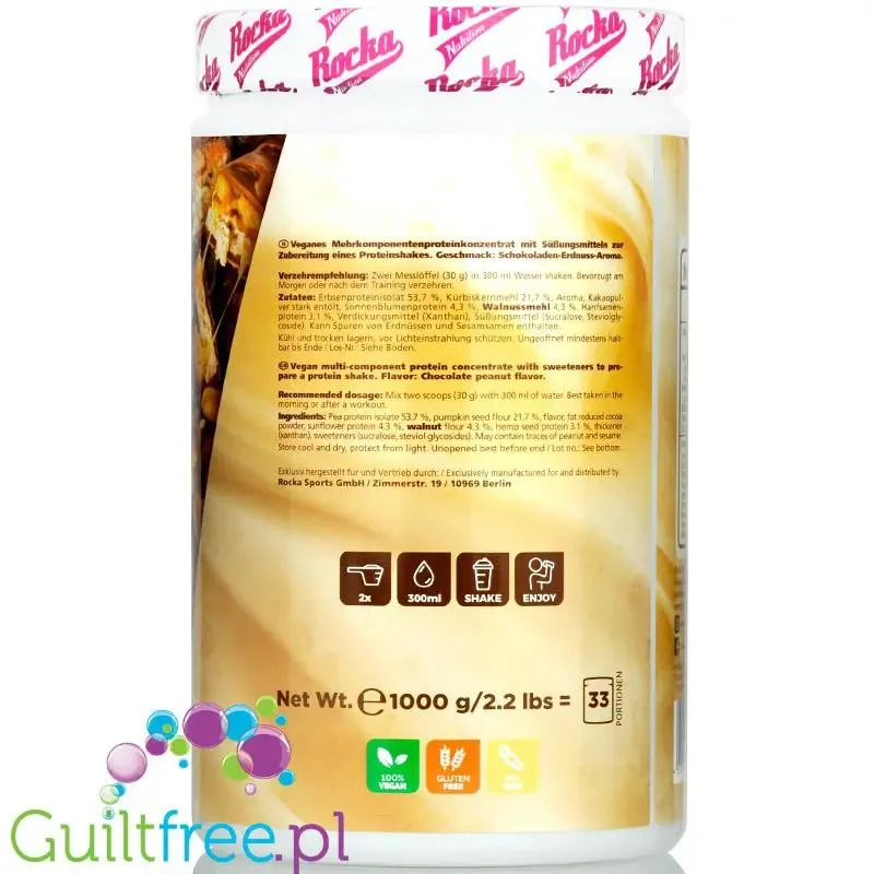 Rocka Nutrition Protein Shake Chocolate Peanut 0,9kg - wegańska odżywka białkowa 5 źródeł białka, bez laktozy i glutenu