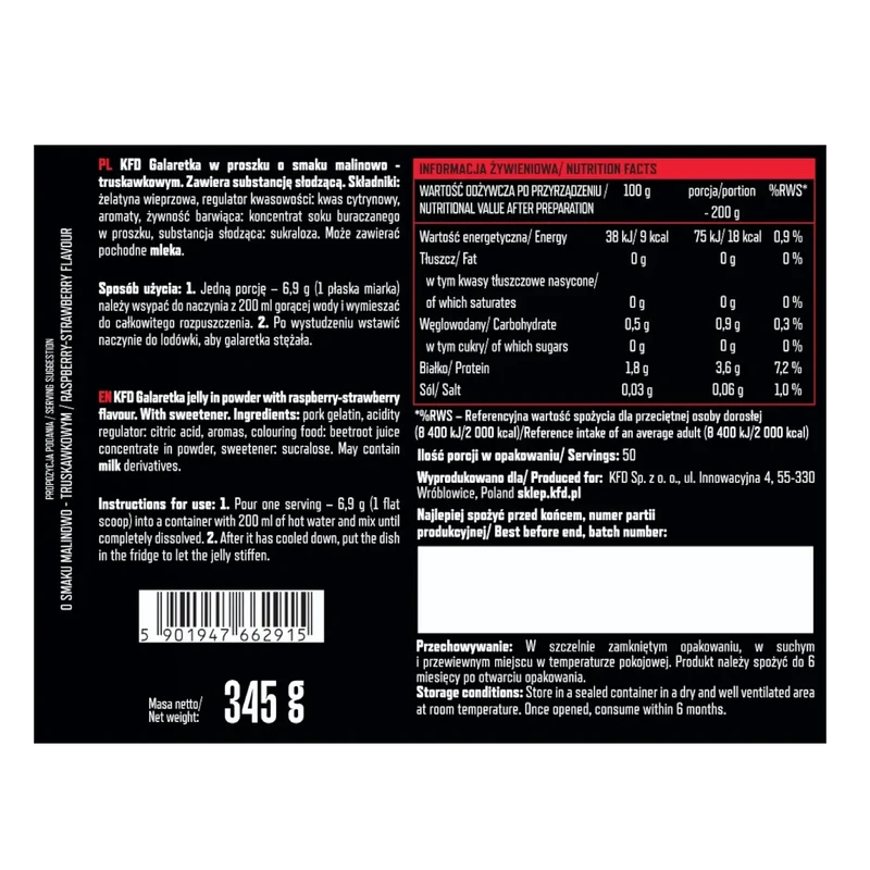 KFD Galaretka Malina & Truskawka, dietetyczna galaretka bez cukru 50 porcji x 18kcal