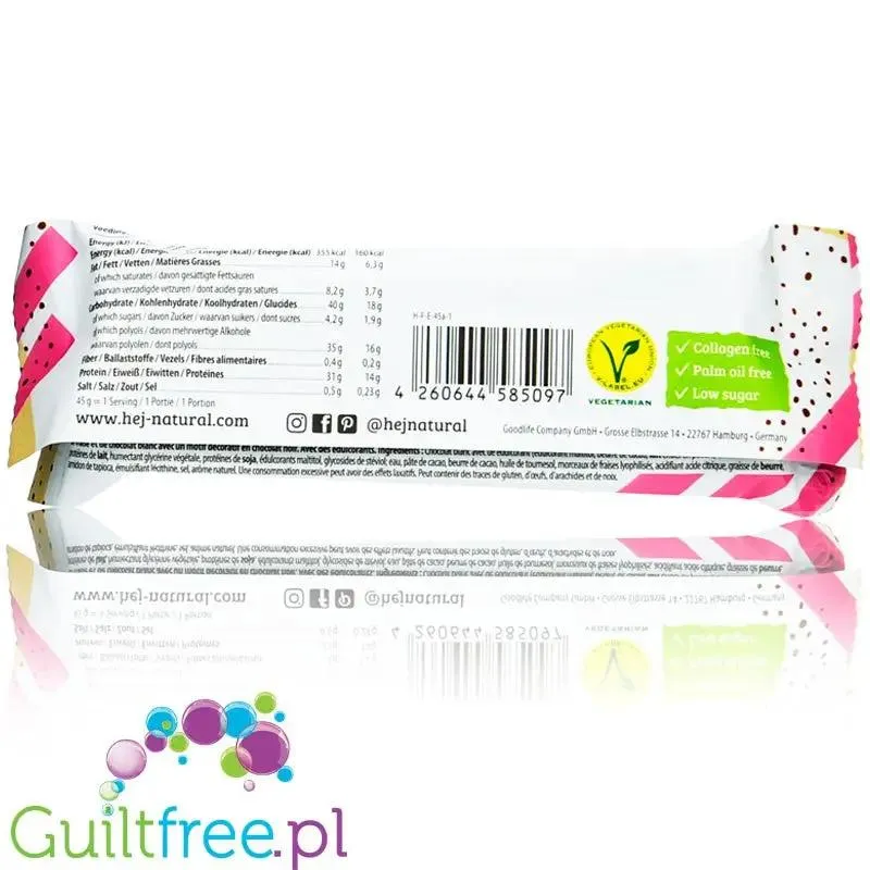HEJ Crispy Bar White Chocolate Strawberry - chrupiący baton proteinowy ze stewią, 14g białka & 165kcal