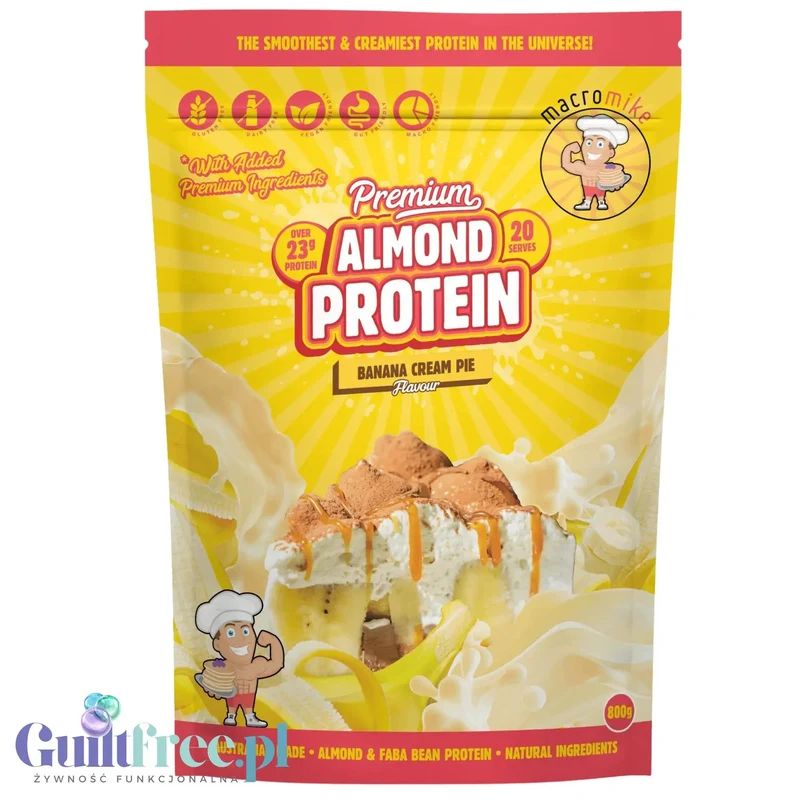 Macro Mike Almond Plant Protein, Banana Cream Pie, 800g - wegańska migdałowa odżywka białkowa bez glutenu, mleka i sukralozy