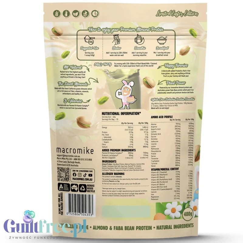 Macro Mike White Choc Pistachio Easter Egg Premium Almond Protein - wegańska migdałowa odżywka białkowa bez glutenu i sukralozy
