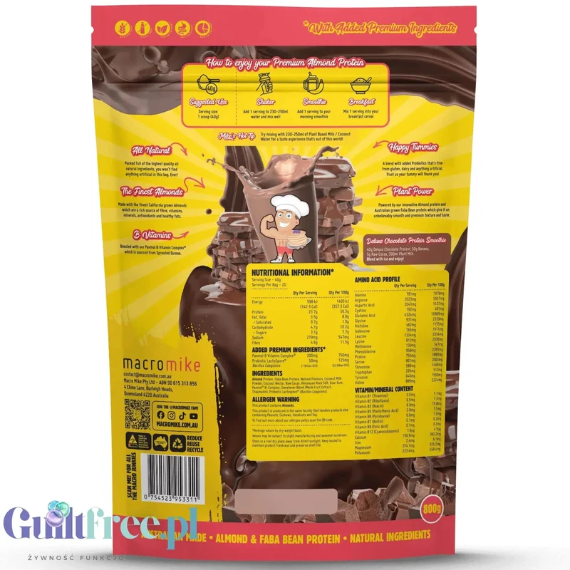Macro Mike Almond Plant Protein, DeLuxe Chocolate - wegańska migdałowa odżywka białkowa bez glutenu, mleka i sukralozy