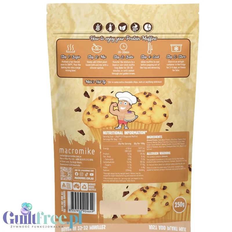 Macro Mike Protein Muffin Baking Mix, Brown Sugar Choc Chip - mieszanka na wegańskie babeczki proteinowe