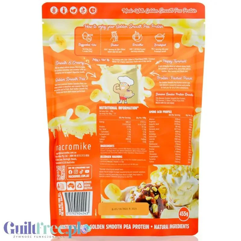 Macro Mike Pea Plant Protein, Banana Sundae 455g - wegańska turbo kremowa odżywka bez glutenu, mleka i sukralozy