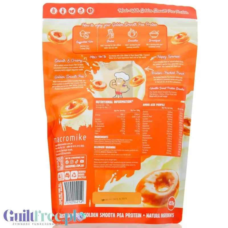 Macro Mike Pea Plant Protein, Vanilla Donut 455g - wegańska turbo kremowa odżywka bez glutenu, mleka i sukralozy