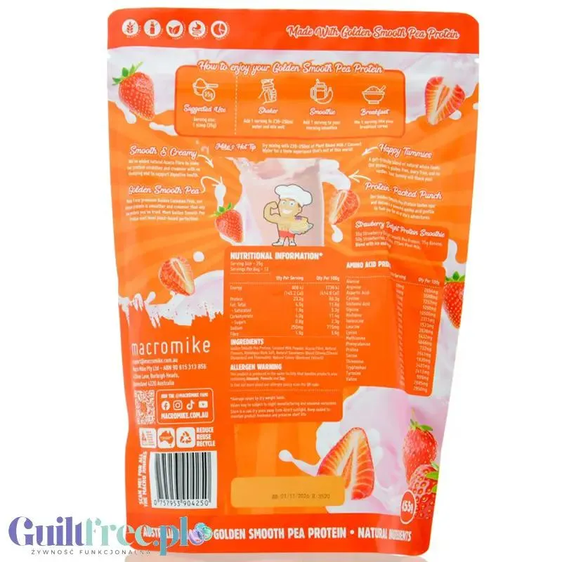 Macro Mike Pea Plant Protein, Strawberry Delight 455g - wegańska turbo kremowa odżywka bez glutenu, mleka i sukralozy
