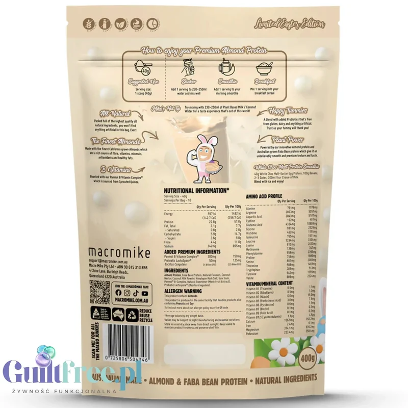 Macro Mike White Choc Malt-Easter Egg Premium Almond Protein - wegańska migdałowa odżywka białkowa bez glutenu i sukralozy