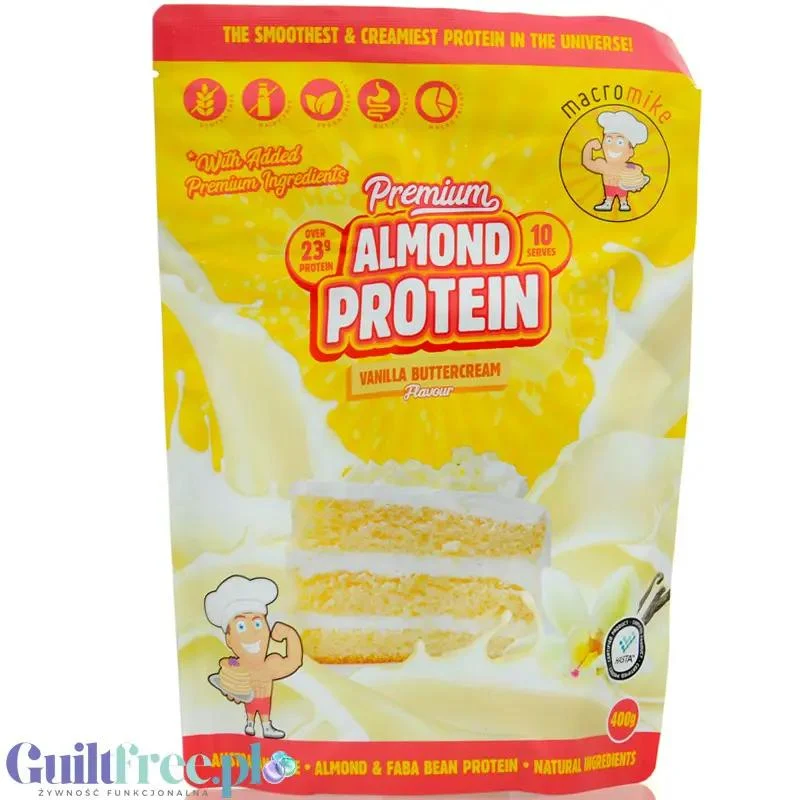 Macro Mike Almond Plant Protein, Vanilla Buttercream, 400g - wegańska migdałowa odżywka białkowa bez glutenu, mleka i sukralozy