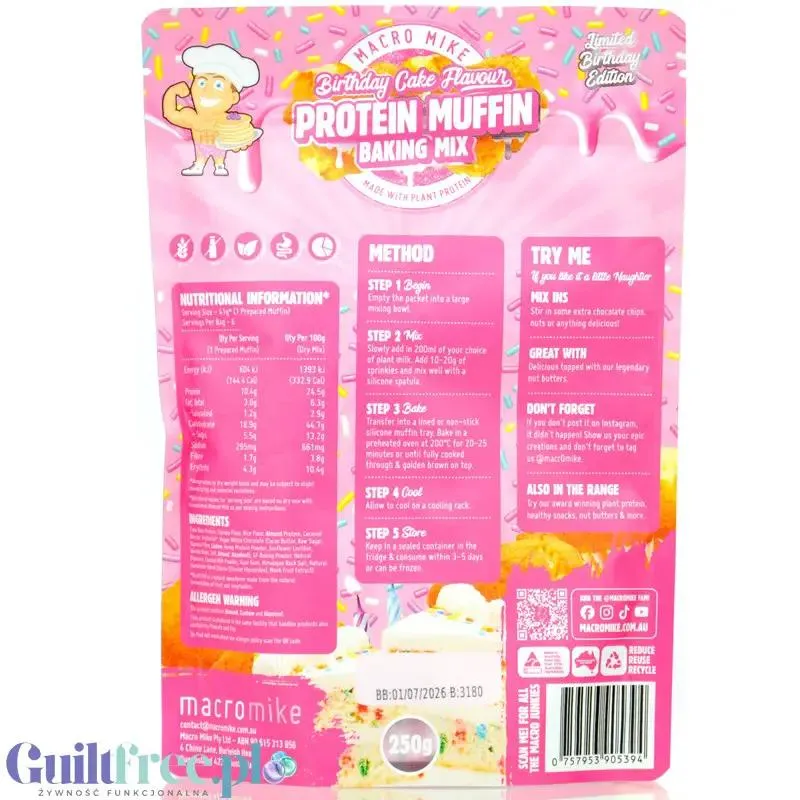 Macro Mike Protein Muffin Baking Mix, Birthday Cake - mieszanka do przygotowania proteinowych babeczek