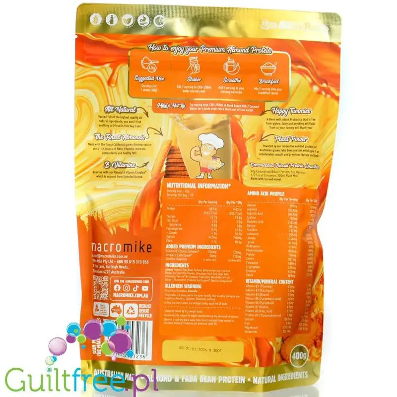Macro Mike Almond Plant Protein, Caramelised Biscuit - wegańska migdałowa odżywka białkowa bez glutenu, mleka i sukralozy