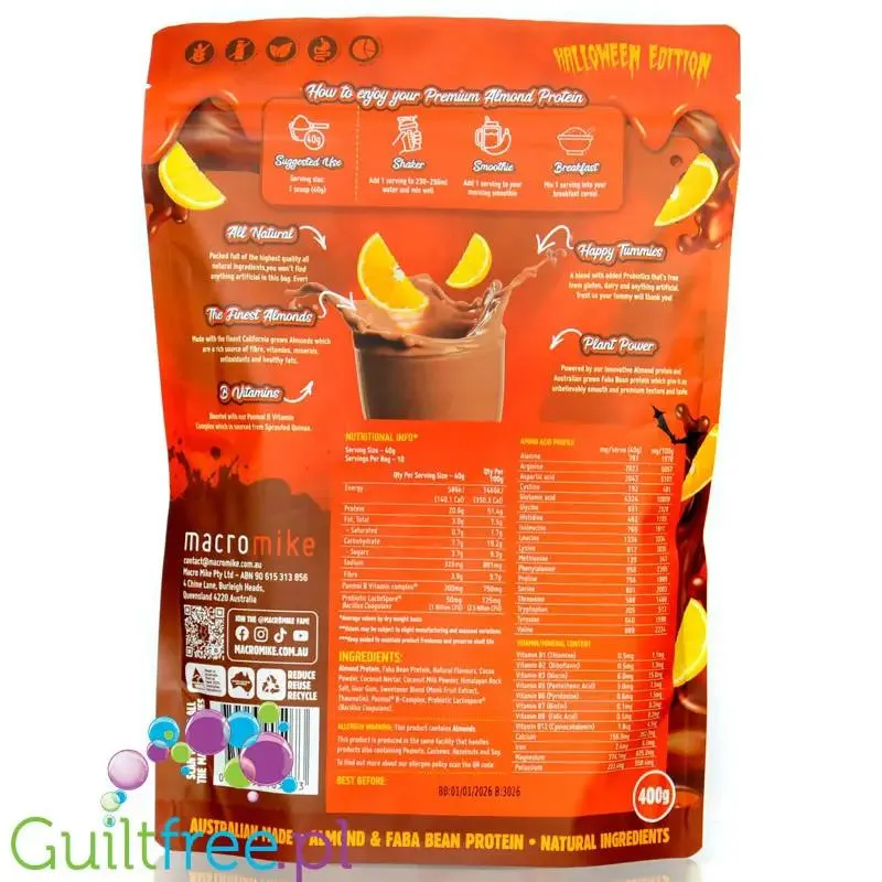 Macro Mike Almond Protein Halloween Edition, Choc Horror-Orange - wegańska turbo kremowa odżywka bez glutenu, mleka i sukralozy