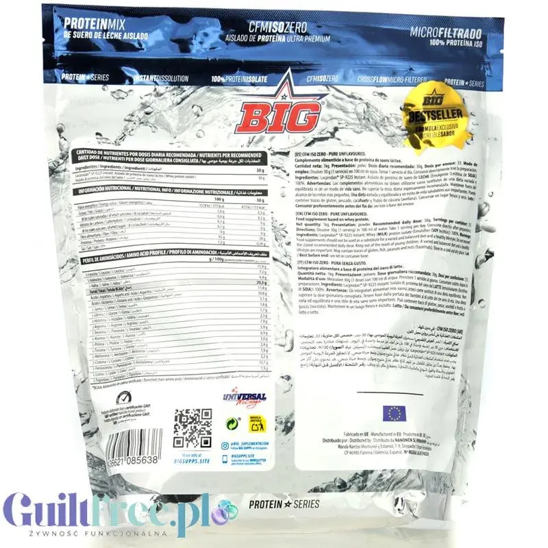 BIG® CFM ISO Zero, Pure Unflavoured 1kg - odżywka białkowa WPI92 CFM Lacprodan®, bezsmakowy