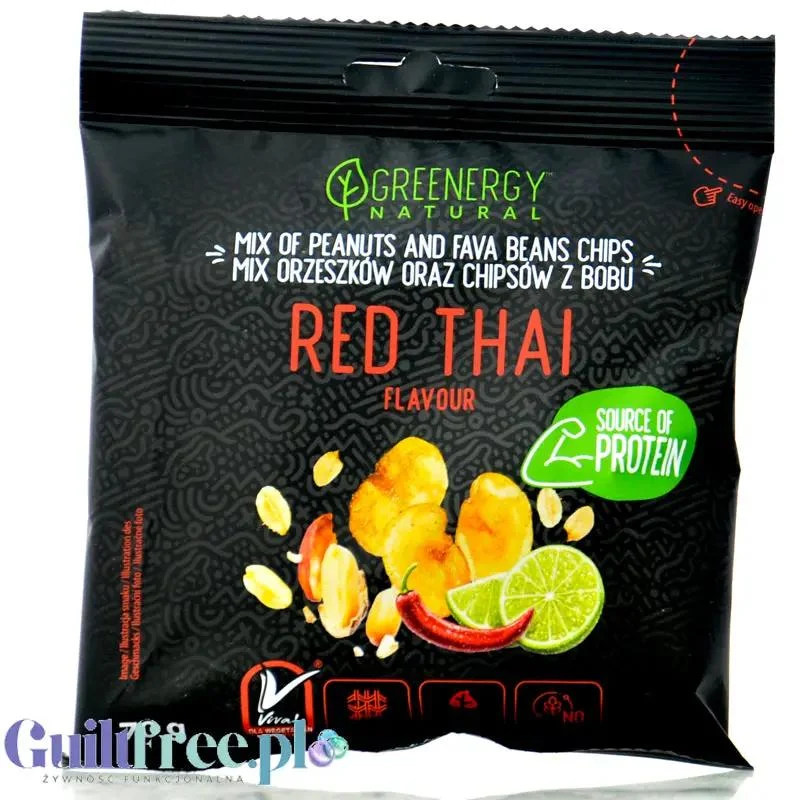 Greenergy Peanuts & Fava Beans Red Thai - mix orzeszków oraz czipsów z bobu o smaku chili-limonka
