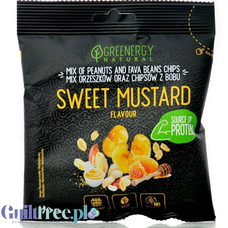 Greenergy Sweet Mustard Peanuts & Fava Beans Chip - mix orzeszków i czipsów z bobu o smaku musztardowym
