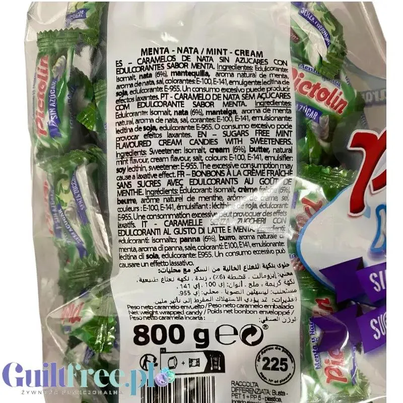 Pictolin Mint & Cream 0,8kg - śmietankowo-miętowe karmelki bez cukru, duże opakowanie