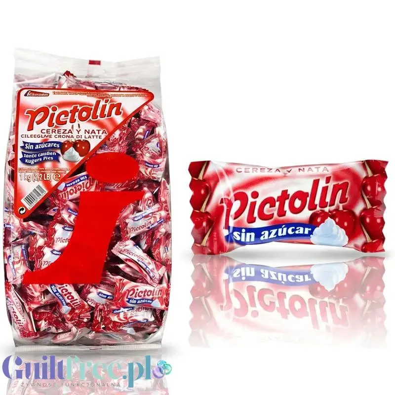 Pictolin Cereza y Nata 1kg - wiśniowo-śmietankowe cukierki bez cukru, duże opakowanie