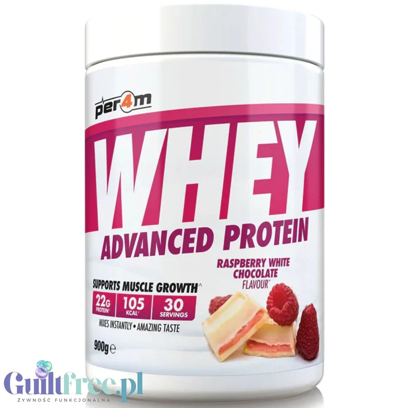 Per4m Whey Advanced Protein Raspberry White Chocolate 900g - gęsta odżywka białkowa WPC, WPI & MPC, Biała Czekolada & Maliny