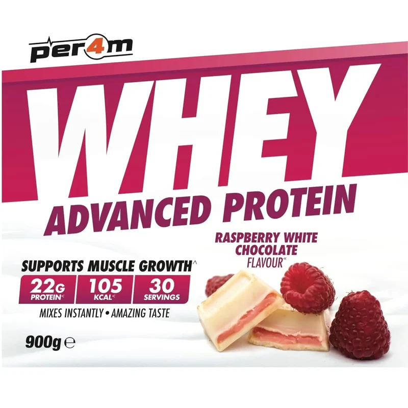 Per4m Whey Advanced Protein Raspberry White Chocolate 900g - gęsta odżywka białkowa WPC, WPI & MPC, Biała Czekolada & Maliny
