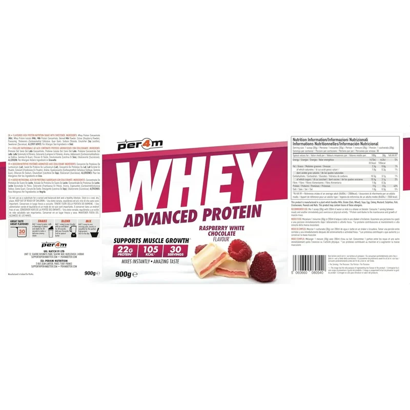 Per4m Whey Advanced Protein Raspberry White Chocolate 900g - gęsta odżywka białkowa WPC, WPI & MPC, Biała Czekolada & Maliny