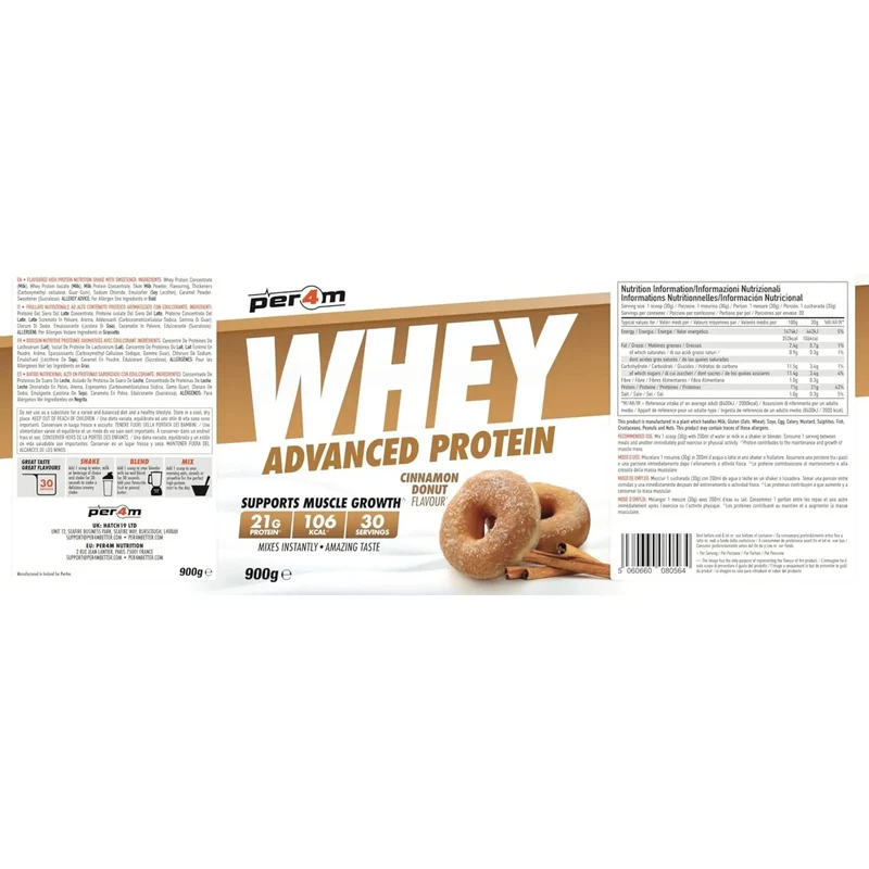 Per4m Whey Advanced Protein Cinnamon Donut 900g - gęsta odżywka białkowa WPC, WPI & MPC, Cynamonowy Donut