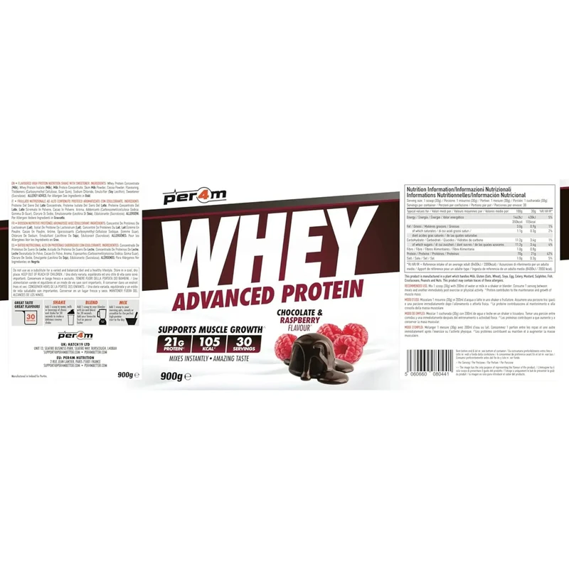 Per4m Whey Advanced Protein Chocolate Raspberry 900g - gęsta odżywka białkowa WPC, WPI & MPC