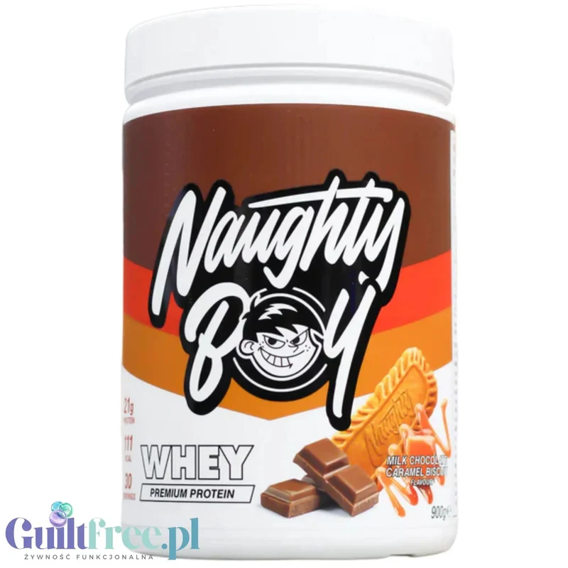 Naughty Boy Whey Protein Milk Chocolate Caramel Biscuit 900g - gęsta odżywka białkowa WPI, WPC & MPC