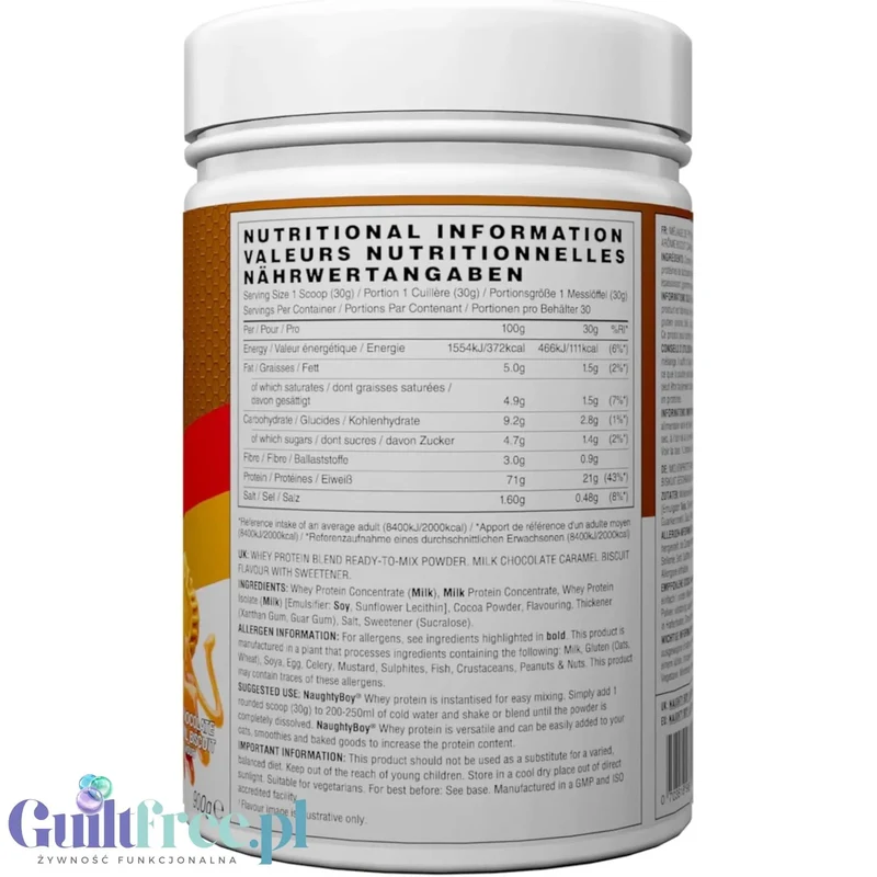 Naughty Boy Whey Protein Milk Chocolate Caramel Biscuit 900g - gęsta odżywka białkowa WPI, WPC & MPC