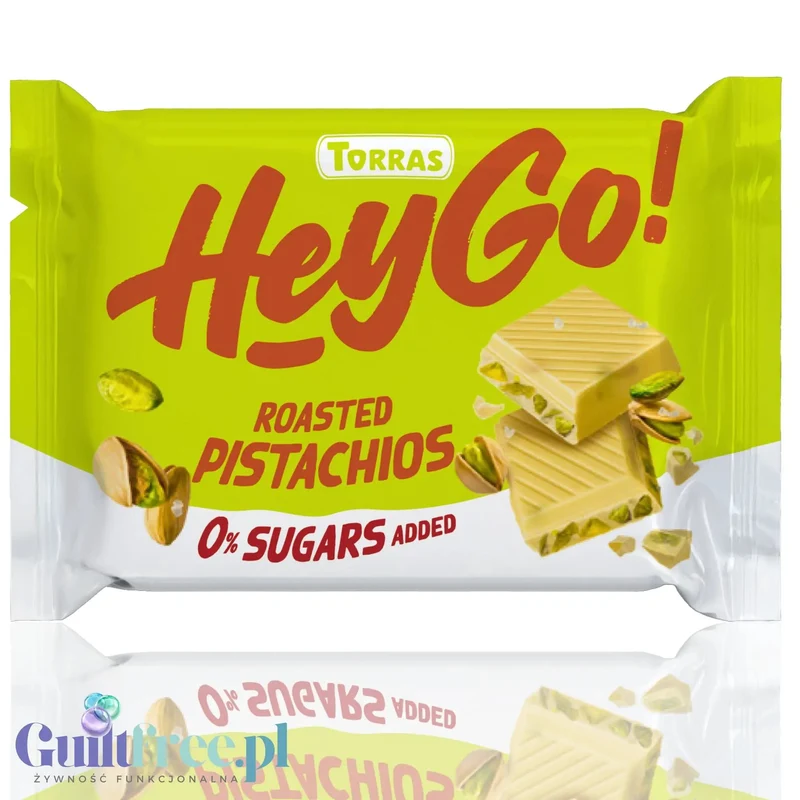 Torras Hey Go! Roasted Pistachios - bezglutenowa biała czekolada bez cukru z prażonymi pistacjami