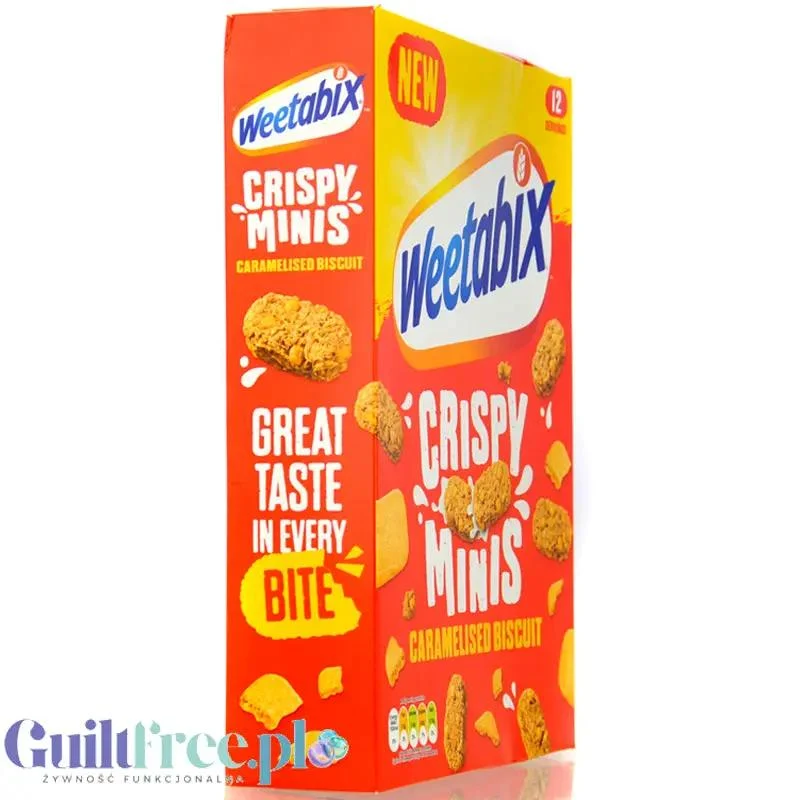 Weetabix Crispy Minis Caramelised Biscuit - pełnoziarniste płatki z ciasteczkami, z żelazem i witaminami