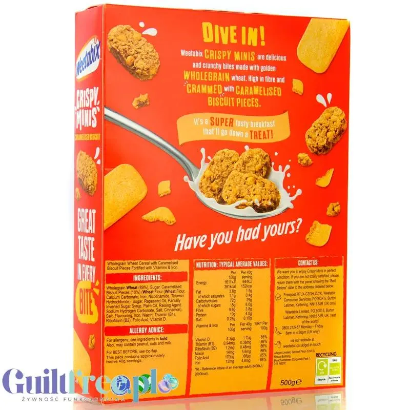 Weetabix Crispy Minis Caramelised Biscuit - pełnoziarniste płatki z ciasteczkami, z żelazem i witaminami