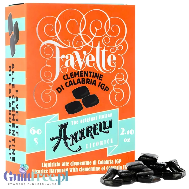 Amarelli Favette Liquirizia Clementine di Calabria 60g - czysta włoska lukrecja z Kalabrii 100% bez cukru o smaku klementynek