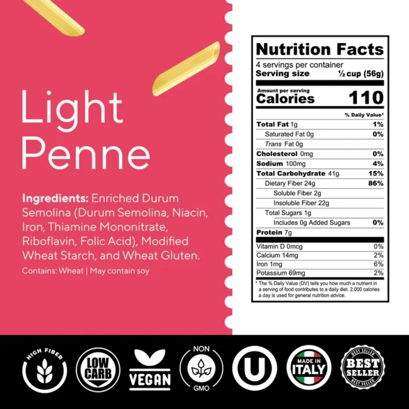 Fiber Gourmet Light Penne - błonnikowy makaron low carb 48% mniej kalorii, kształt pióra