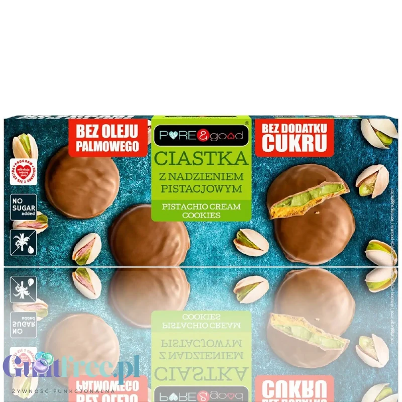 Pure & Good Pistachio Cream Cookies – ciastka w czekoladzie z nadzieniem pistacjowym, bez dodatku cukru