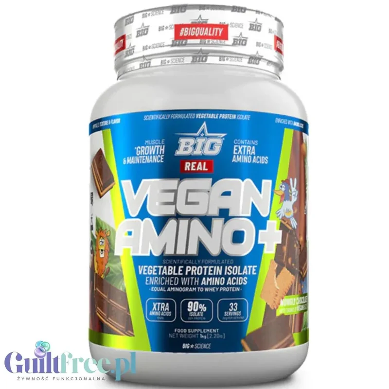 BIG® Vegan Amino+, Mowgly Chocolate 1kg - wegańska odżywka białkowa z kawałkami ciasteczek o smaku czekolady