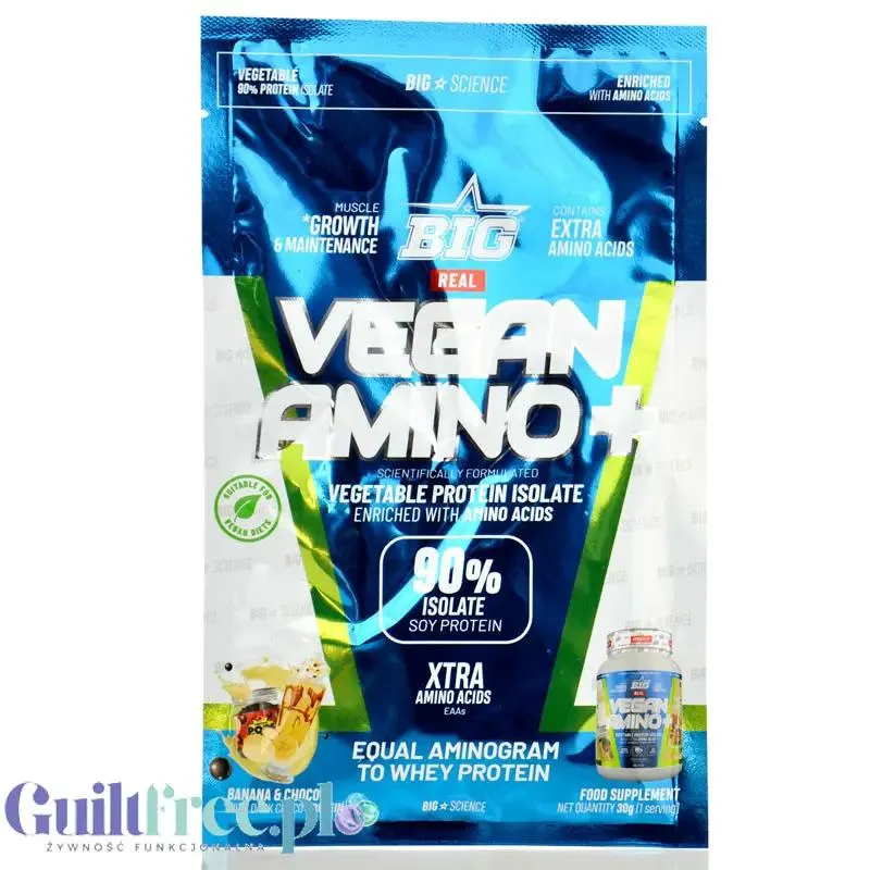 BIG® Vegan Amino+, Banana & Choco 30g saszetka - wegańska odżywka białkowa z kawałkami MLECZNEGO karmelu