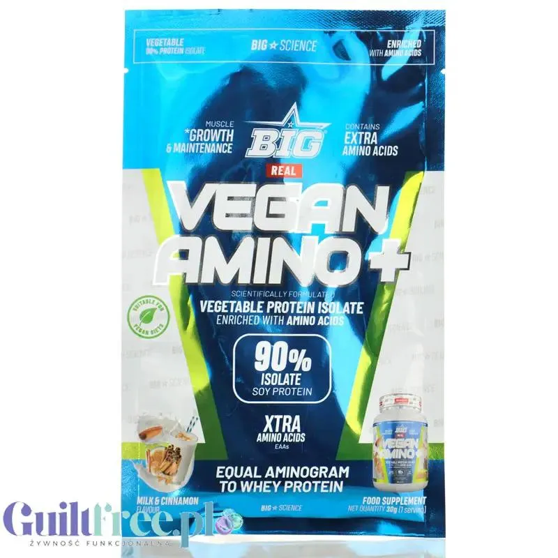 BIG® Vegan Amino+, Milk & Cinnamon 30g saszetka - wegańska odżywka białkowa o smaku mleka z cynamonem