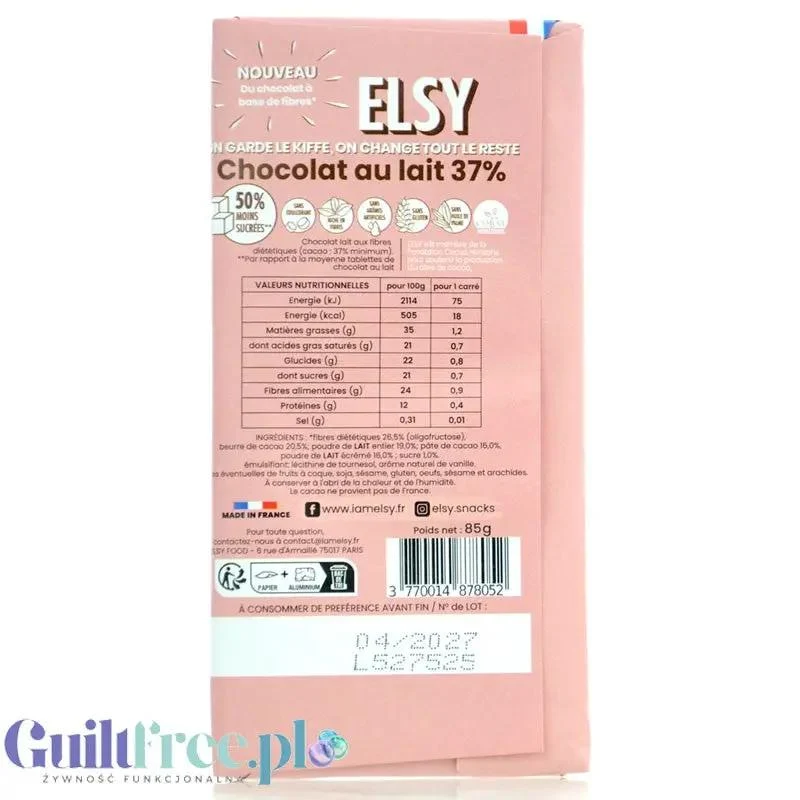 Elsy Chocolat Au Lait - błonnikowa mleczna czekolada bez maltitolu, 50% mniej cukru