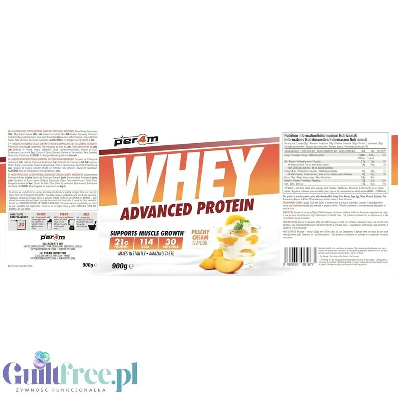 Per4m Whey Advanced Protein Peachy Creme 900g - gęsta odżywka białkowa WPC, WPI & MPC, smak śmietankowo-brzoskwiniowy