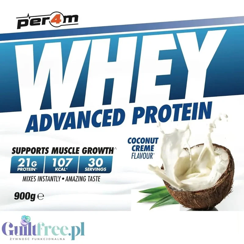 Per4m Whey Advanced Protein Coconut Creme 900g - gęsta odżywka białkowa WPC, WPI & MPC, smak kremu kokosowego